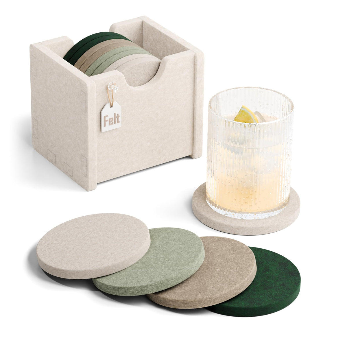 Fluxynara Felt Coasters with Holder, Set of 8 for Drinks, Oatmeal