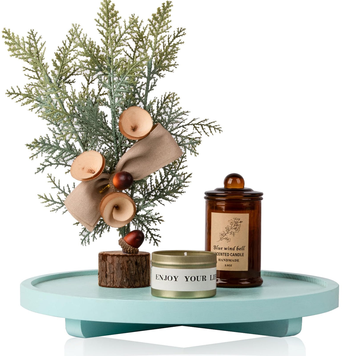 Round Decorative Tray Wood Bathroom Counter Organizer Farmhouse Kitchen Decor Wooden Riser for Soap Dish, Perfume, Candle, Sponge, 10" - Brown