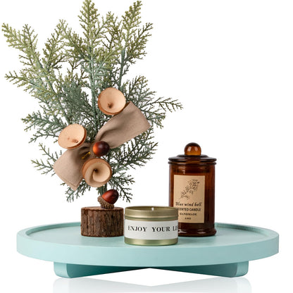 Round Decorative Tray Wood Bathroom Counter Organizer Farmhouse Kitchen Decor Wooden Riser for Soap Dish, Perfume, Candle, Sponge, 10" - Brown