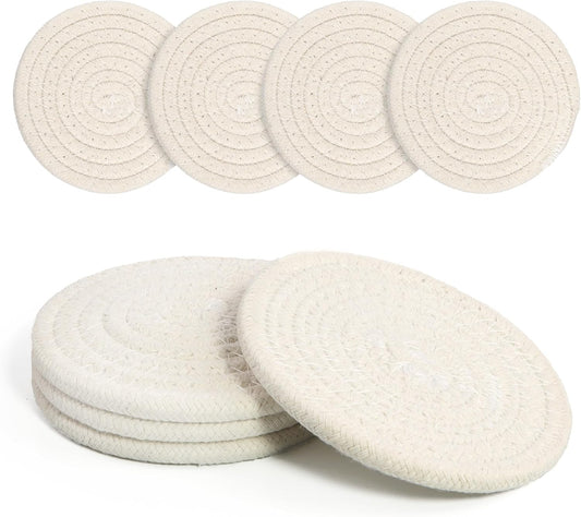 Coasters Set of 4 for Drinks, Cotton Woven 4 Colors Absorbent Boho Coasters for Home Decor Cups - Hot or Cold Drink Thickened (White)