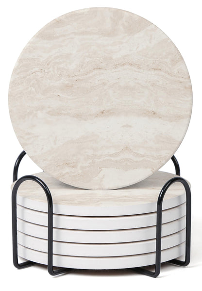 Set of 6 Sage Green Abstract Onyx Marble Coasters with Holder, Absorbent Ceramic Coasters for Drinks, Coasters with Cork Backing for Table Protection, Coffee Table Decor