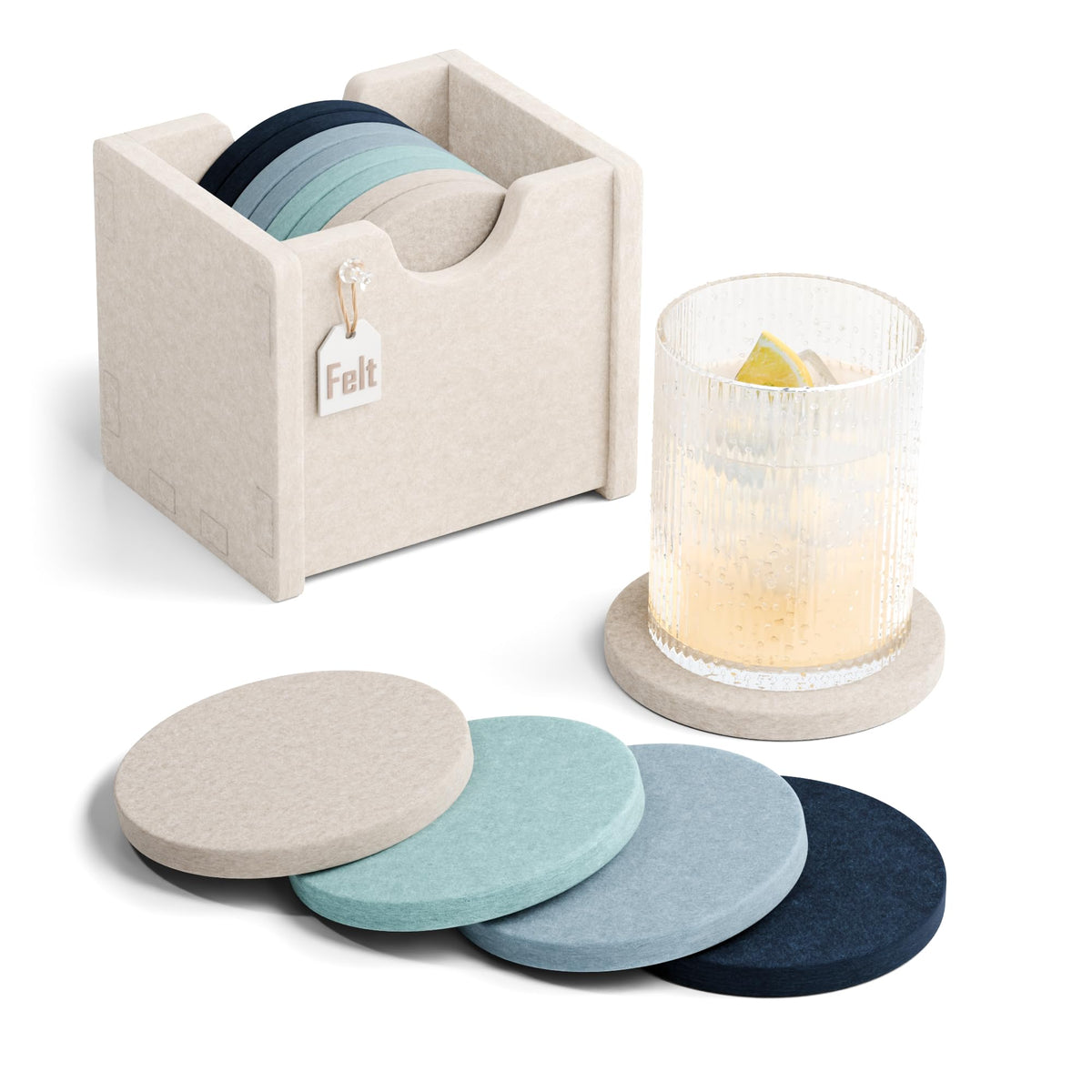 Fluxynara Felt Coasters with Holder, Set of 8 for Drinks, Oatmeal