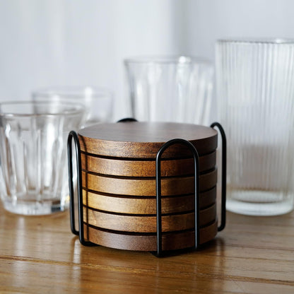 Acacia Wood Coasters for Drinks with Holder Set of 6, Brown Wooden Drink Coasters for Tabletop Protection Coffee Dining Table Desk Home Christmas Decor Round with Non-Slip Pad Cup Coasters