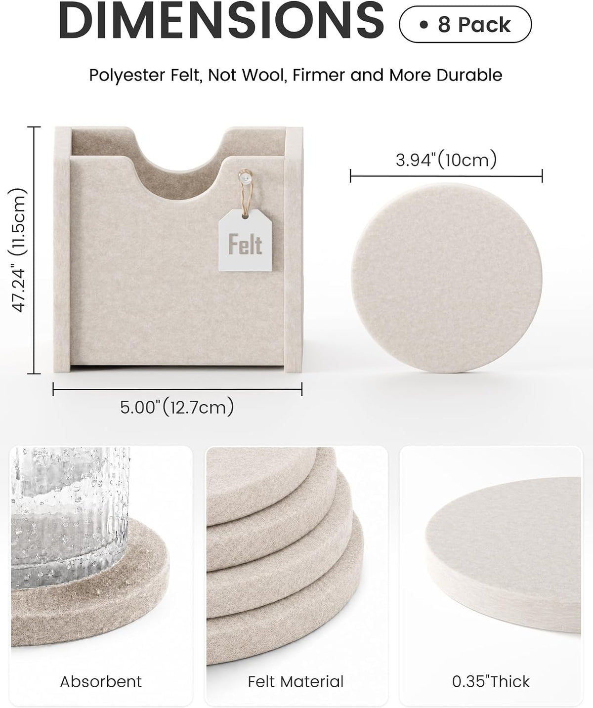 Fluxynara Felt Coasters with Holder, Set of 8 for Drinks, Oatmeal