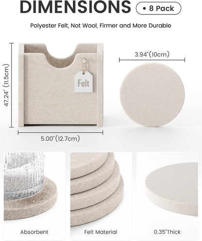 Fluxynara Felt Coasters with Holder, Set of 8 for Drinks, Oatmeal