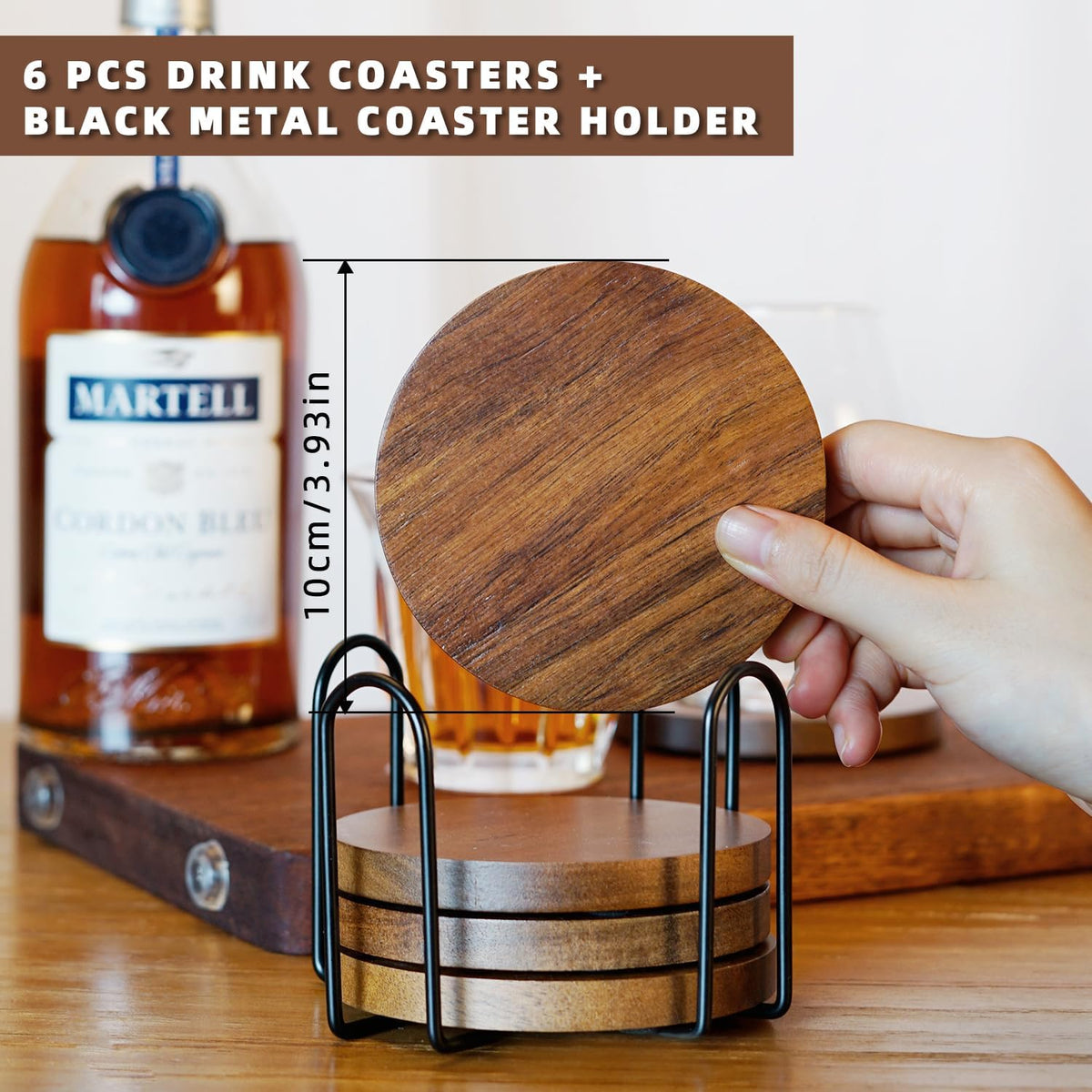 Acacia Wood Coasters for Drinks with Holder Set of 6, Brown Wooden Drink Coasters for Tabletop Protection Coffee Dining Table Desk Home Christmas Decor Round with Non-Slip Pad Cup Coasters