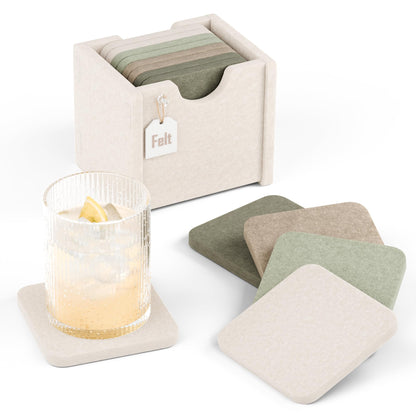 Fluxynara Felt Coasters with Holder, Set of 8 for Drinks, Oatmeal