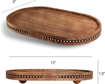 Oval Wooden Decorative Tray Coffee Table Tray Home Decor 15" Rustic