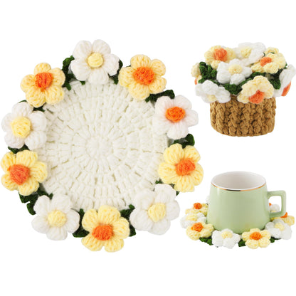 Crochet Flower Coasters, Handmade Bouquet Coasters with Crochet Plant Pot (Pink, 1Pc)