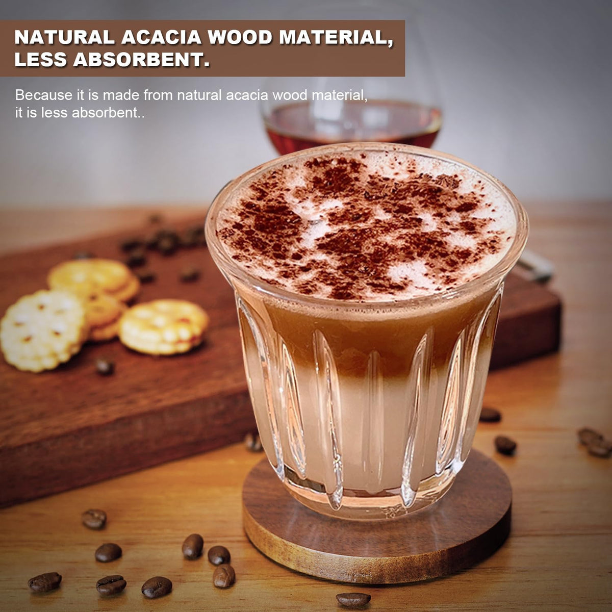 Acacia Wood Coasters for Drinks with Holder Set of 6, Brown Wooden Drink Coasters for Tabletop Protection Coffee Dining Table Desk Home Christmas Decor Round with Non-Slip Pad Cup Coasters