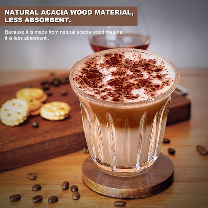 Acacia Wood Coasters for Drinks with Holder Set of 6, Brown Wooden Drink Coasters for Tabletop Protection Coffee Dining Table Desk Home Christmas Decor Round with Non-Slip Pad Cup Coasters
