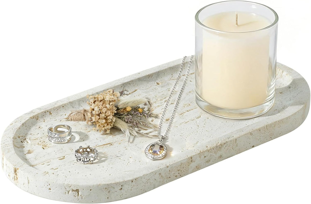 Natural Travertine Marble Tray, Bathroom Dresser Tray for Countertop, Decorative Dish Organizer for Jewelry, Toiletries, Cosmetics, Incense, Candles