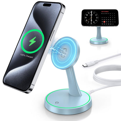 Magnetic Wireless Charger Stand 15W Fast Mag-Safe Charger for iPhone 17/17 pro/ 17 Air/ 17 pro max 16/15/14/13/12 Series Magnet Wireless Charging Station/Pad with Sleep-Friendly Light for AirPods