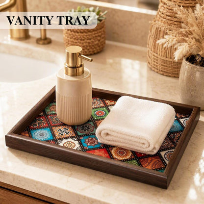 Decorative Wood Serving Tray with Boho Mandala Print, 11.8x7.87 Inch, for Coffee Table, Vanity, Nightstand, Countertophome, Centerpieces, Living Room Decor, Key Bowl, Valet Tray