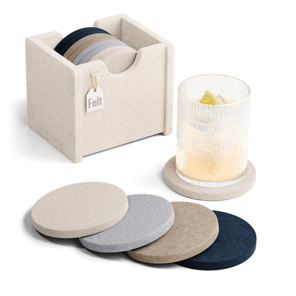 Fluxynara Felt Coasters with Holder, Set of 8 for Drinks, Oatmeal