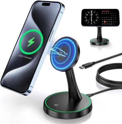 Magnetic Wireless Charger Stand 15W Fast Mag-Safe Charger for iPhone 17/17 pro/ 17 Air/ 17 pro max 16/15/14/13/12 Series Magnet Wireless Charging Station/Pad with Sleep-Friendly Light for AirPods