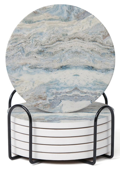 Set of 6 Sage Green Abstract Onyx Marble Coasters with Holder, Absorbent Ceramic Coasters for Drinks, Coasters with Cork Backing for Table Protection, Coffee Table Decor