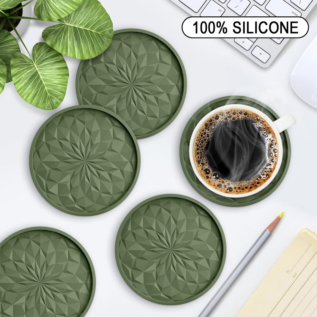 ME.FAN Silicone Coasters with Holder,[6 Pack] Drinking Coasters - Cup Mat for Hot or Cold Drinks, Thickened, Non-Slip, Non-stick,Deep Tray Olive Green