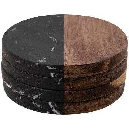 Marble Coasters: 4-piece Set of Acacia Wood Marble Coasters, Suitable for Kitchens, Offices, and can be Used as Gifts (Round White)