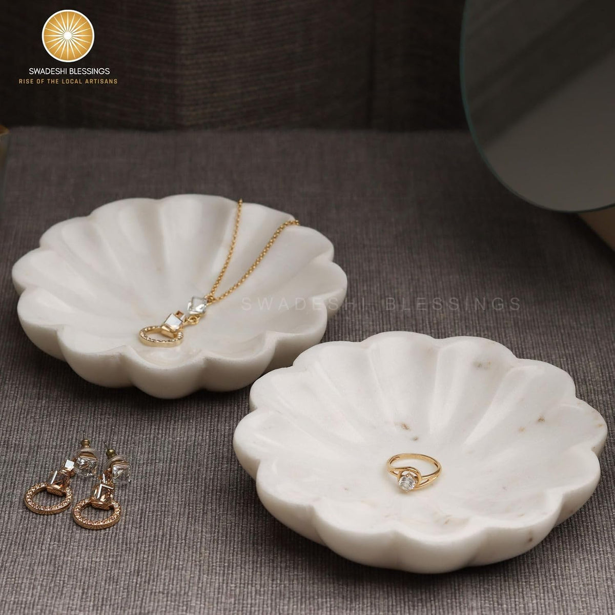 SWADESHI BLESSINGS HandMade Marble Jewelry Tray, Trinket Dish, Catch-all,5"