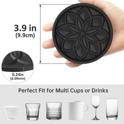 HFHOME Silicone Coasters Set with Holder - 6 Pack Drink Coasters for Coffee Table, Bar, Desk - Tabletop Protection Gift - Black
