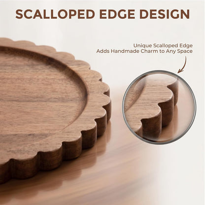 Solid Acacia Wood Decorative Tray, 12 Inch Round Scalloped Wood Tray Wooden Coffee Table Tray