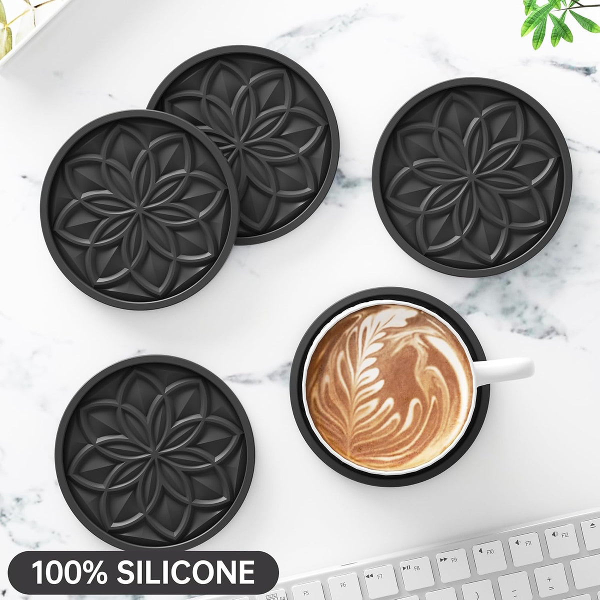 HFHOME Silicone Coasters Set with Holder - 6 Pack Drink Coasters for Coffee Table, Bar, Desk - Tabletop Protection Gift - Black