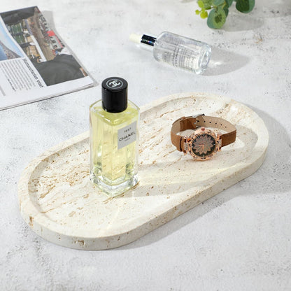 Natural Travertine Marble Tray, Bathroom Dresser Tray for Countertop, Decorative Dish Organizer for Jewelry, Toiletries, Cosmetics, Incense, Candles
