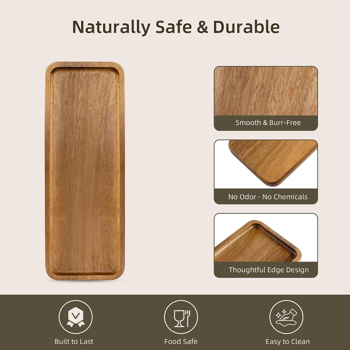 Small Acacia Wood Serving Tray, Wooden Decorative Tray for Coffee Table, Kitchen, Bathroom Counter - Rectangular Wood Platter for Candles, Perfume, Snacks (11.4 x 4.1 x 0.6 in)