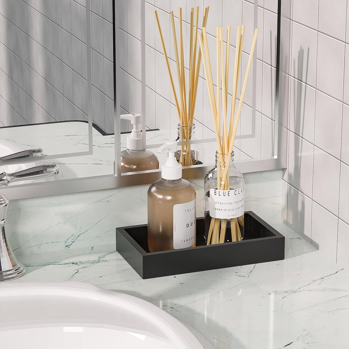 ZHWS Small Bathroom Vanity Tray for Countertop Makeup Perfume Decor Candle Jewelry, Small Kitchen Tray for Soap Dispenser Spice Sponge Holder Black Toilet Tray 7.9”L x 4.4”W x 1.14”H