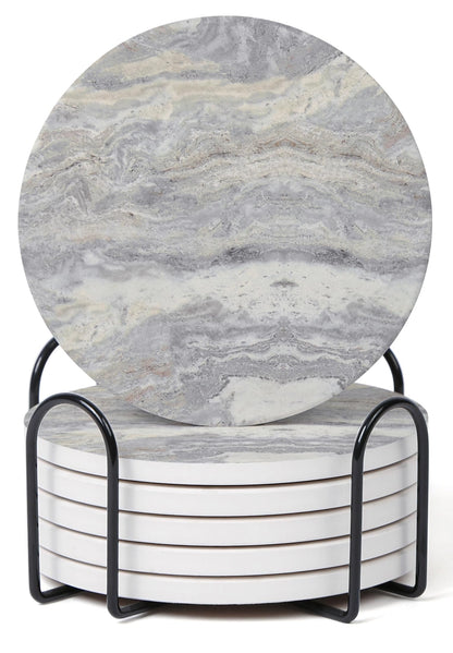 Set of 6 Sage Green Abstract Onyx Marble Coasters with Holder, Absorbent Ceramic Coasters for Drinks, Coasters with Cork Backing for Table Protection, Coffee Table Decor