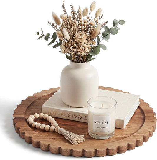 Solid Acacia Wood Decorative Tray, 12 Inch Round Scalloped Wood Tray Wooden Coffee Table Tray