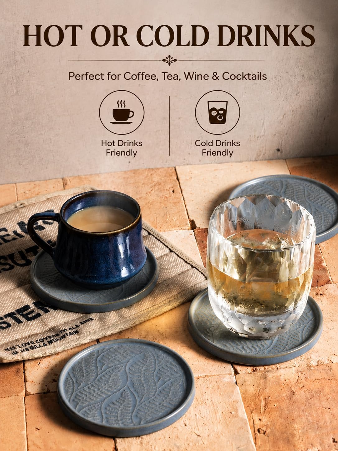 Drink Coasters Set of 6, Ceramic Cup Coasters for Desk, Slate Blue