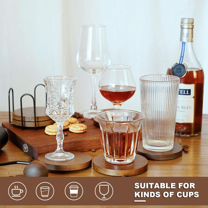 Acacia Wood Coasters for Drinks with Holder Set of 6, Brown Wooden Drink Coasters for Tabletop Protection Coffee Dining Table Desk Home Christmas Decor Round with Non-Slip Pad Cup Coasters