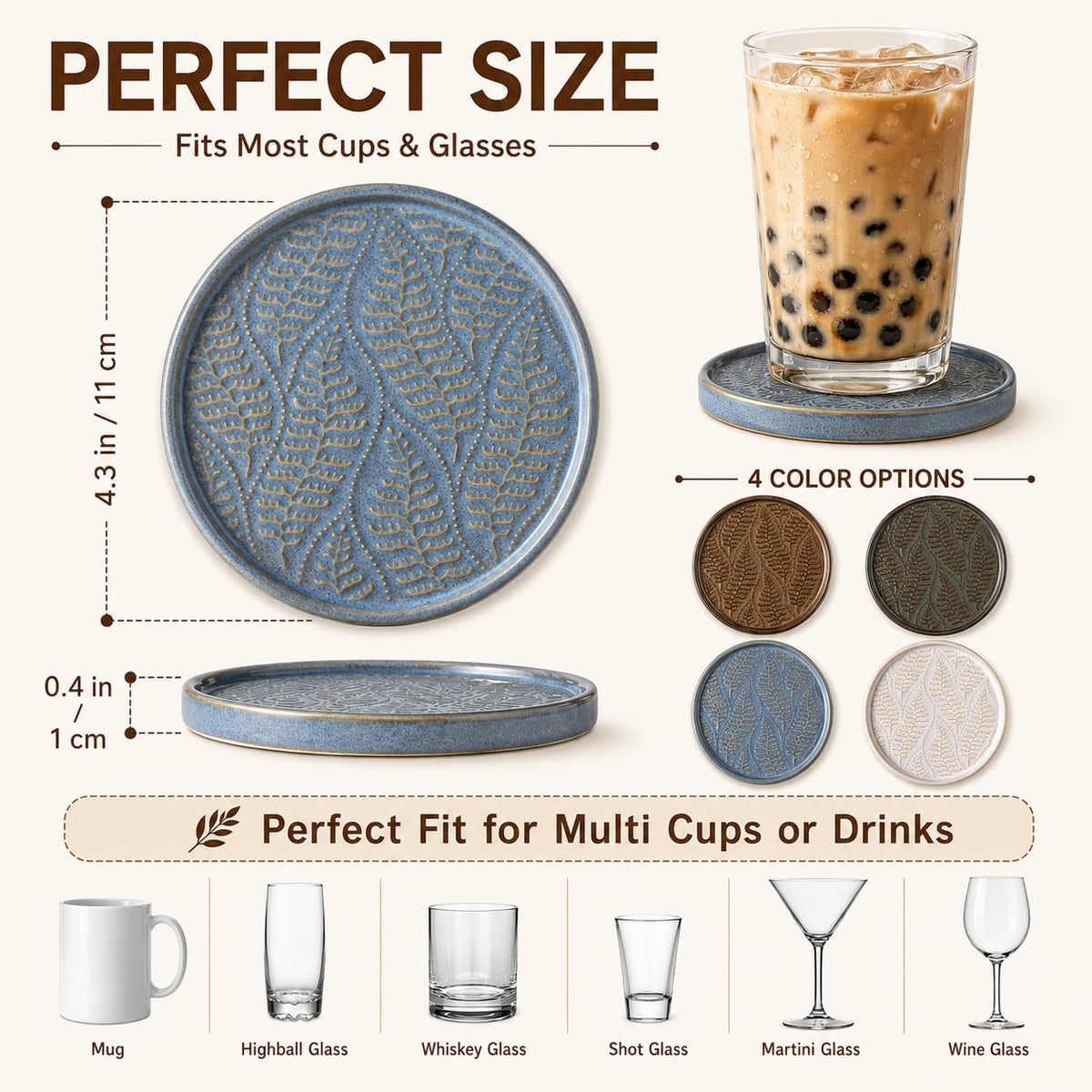 Drink Coasters Set of 6, Ceramic Cup Coasters for Desk, Slate Blue