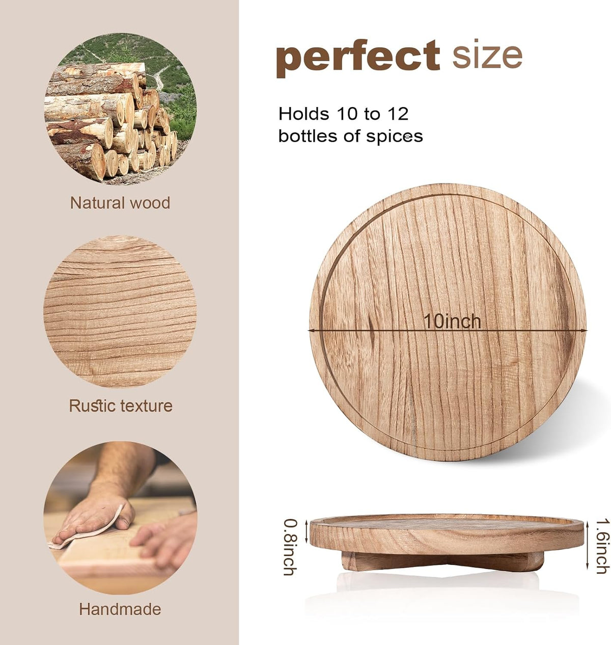 Round Decorative Tray Wood Bathroom Counter Organizer Farmhouse Kitchen Decor Wooden Riser for Soap Dish, Perfume, Candle, Sponge, 10" - Brown