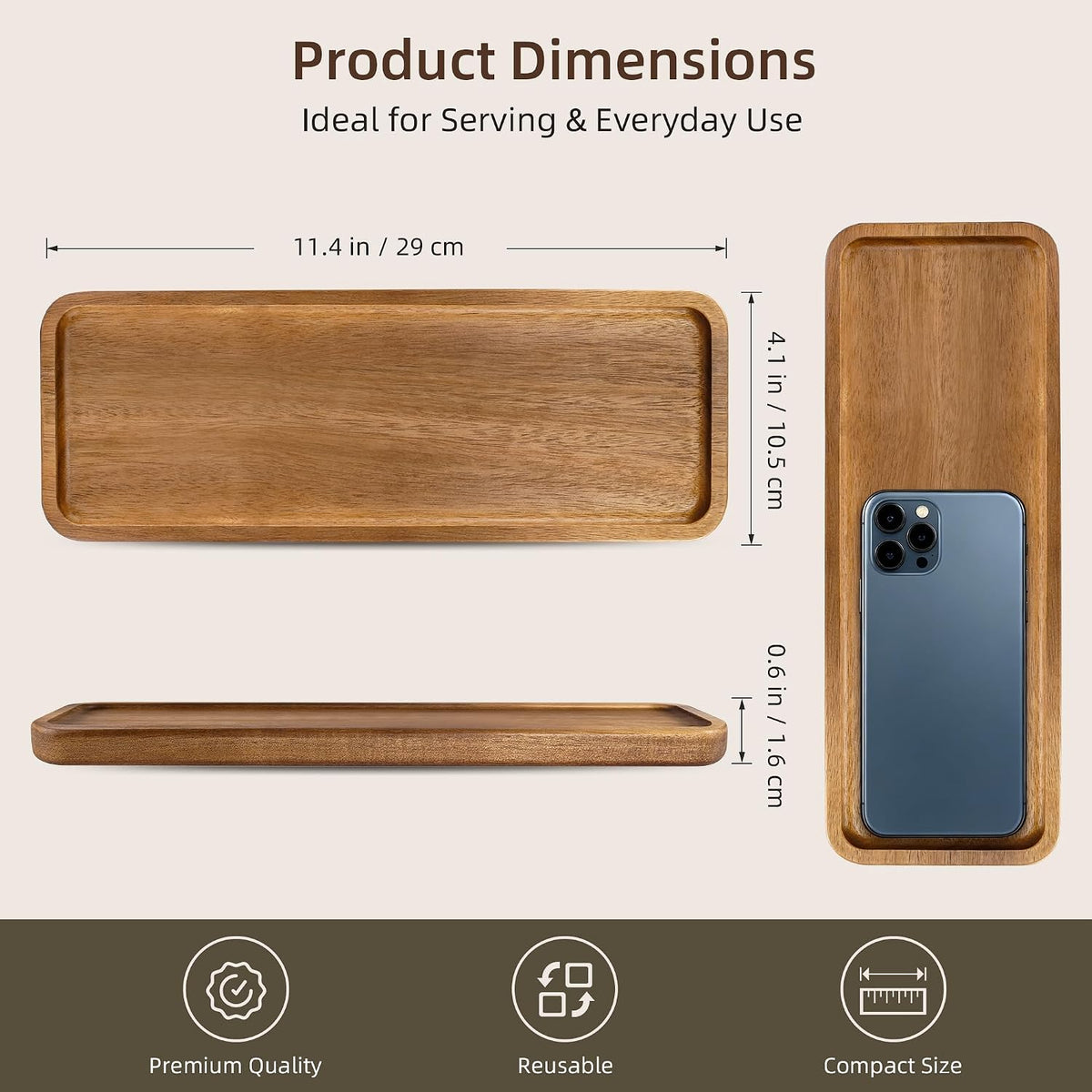 Small Acacia Wood Serving Tray, Wooden Decorative Tray for Coffee Table, Kitchen, Bathroom Counter - Rectangular Wood Platter for Candles, Perfume, Snacks (11.4 x 4.1 x 0.6 in)