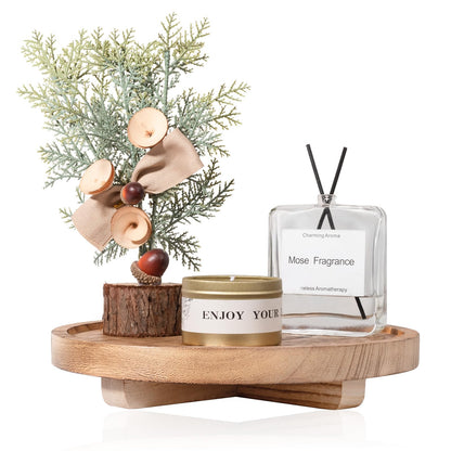 Round Decorative Tray Wood Bathroom Counter Organizer Farmhouse Kitchen Decor Wooden Riser for Soap Dish, Perfume, Candle, Sponge, 10" - Brown
