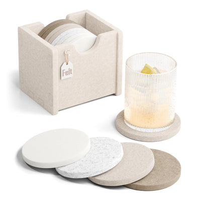 Fluxynara Felt Coasters with Holder, Set of 8 for Drinks, Oatmeal