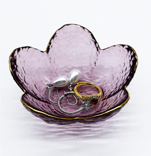 Purple Flower Ring Dish, Small Glass Jewelry Dish Tray, Ring Holder Jewlery Tray Trinket Dish, Bathroom Nightstand Decor Jewelry Bowl Christmas Friendship Birthday Gifts for Women, Soap Dish