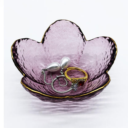 Purple Flower Ring Dish, Small Glass Jewelry Dish Tray, Ring Holder Jewlery Tray Trinket Dish, Bathroom Nightstand Decor Jewelry Bowl Christmas Friendship Birthday Gifts for Women, Soap Dish