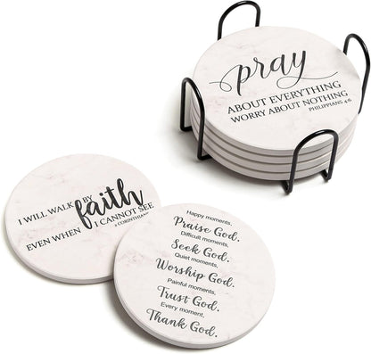 Coasters for Drinks with Bible Verses, Set of 6 Absorbent Drinks Coasters with Holder Ceramic Drink Coaster with Cork Backing for Table Protection, Christian Coasters, Christian Gifts