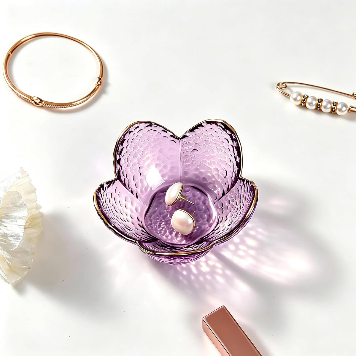 Purple Flower Jewelry Dish Glass Ring Holder Dish Jewelry Tray Cute Vanity Organizer Aesthetic Nightstand Bathroom Room Decor Trinket Dish Mothers Day Friendship Christmas Birthday Gifts for Women