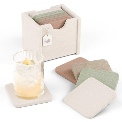 Fluxynara Felt Coasters with Holder, Set of 8 for Drinks, Oatmeal