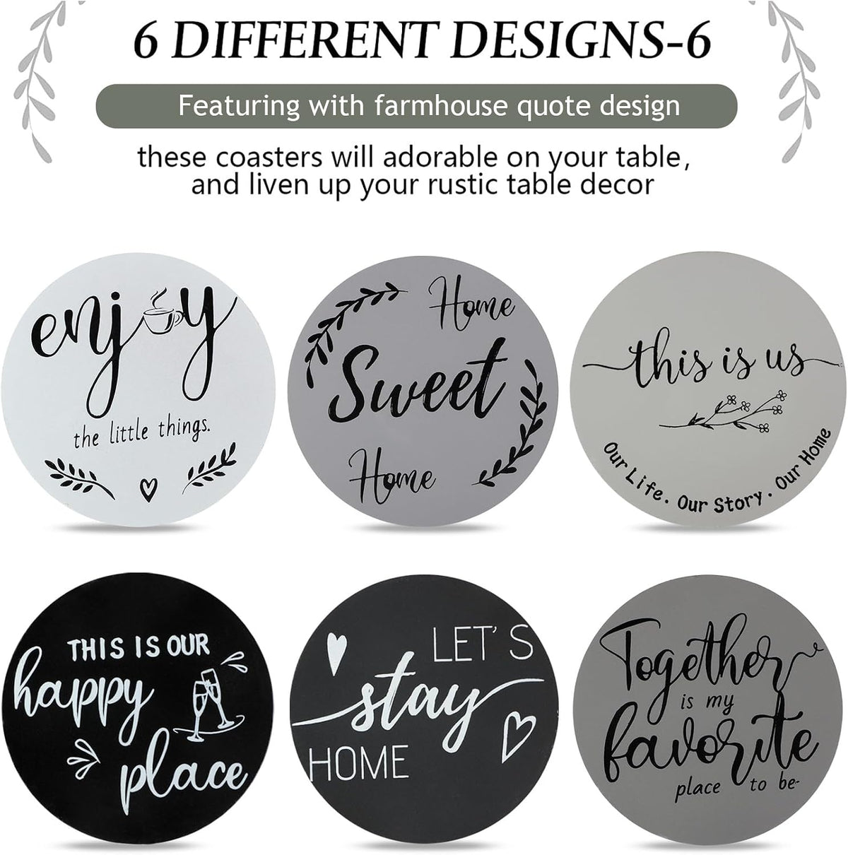 Queekay House Warming Gifts New Home Farmhouse Coasters Set of 6, Gray