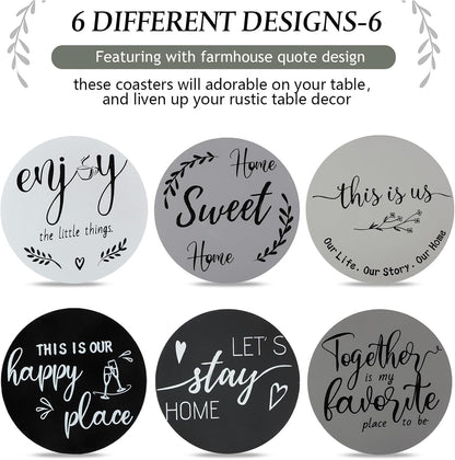 Queekay House Warming Gifts New Home Farmhouse Coasters Set of 6, Gray