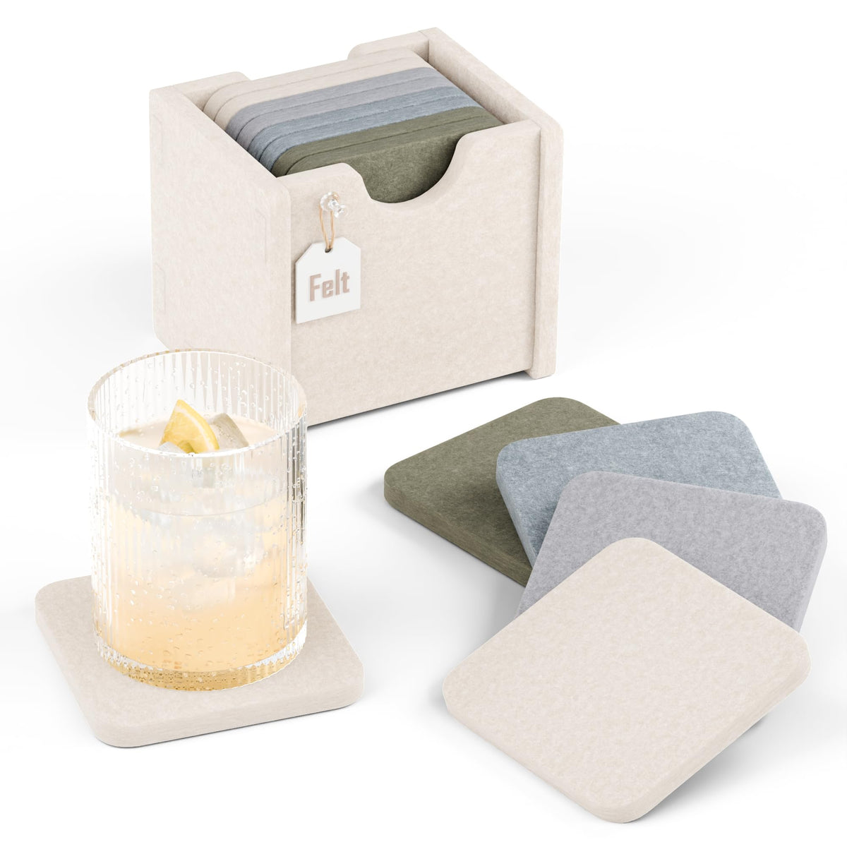 Fluxynara Felt Coasters with Holder, Set of 8 for Drinks, Oatmeal