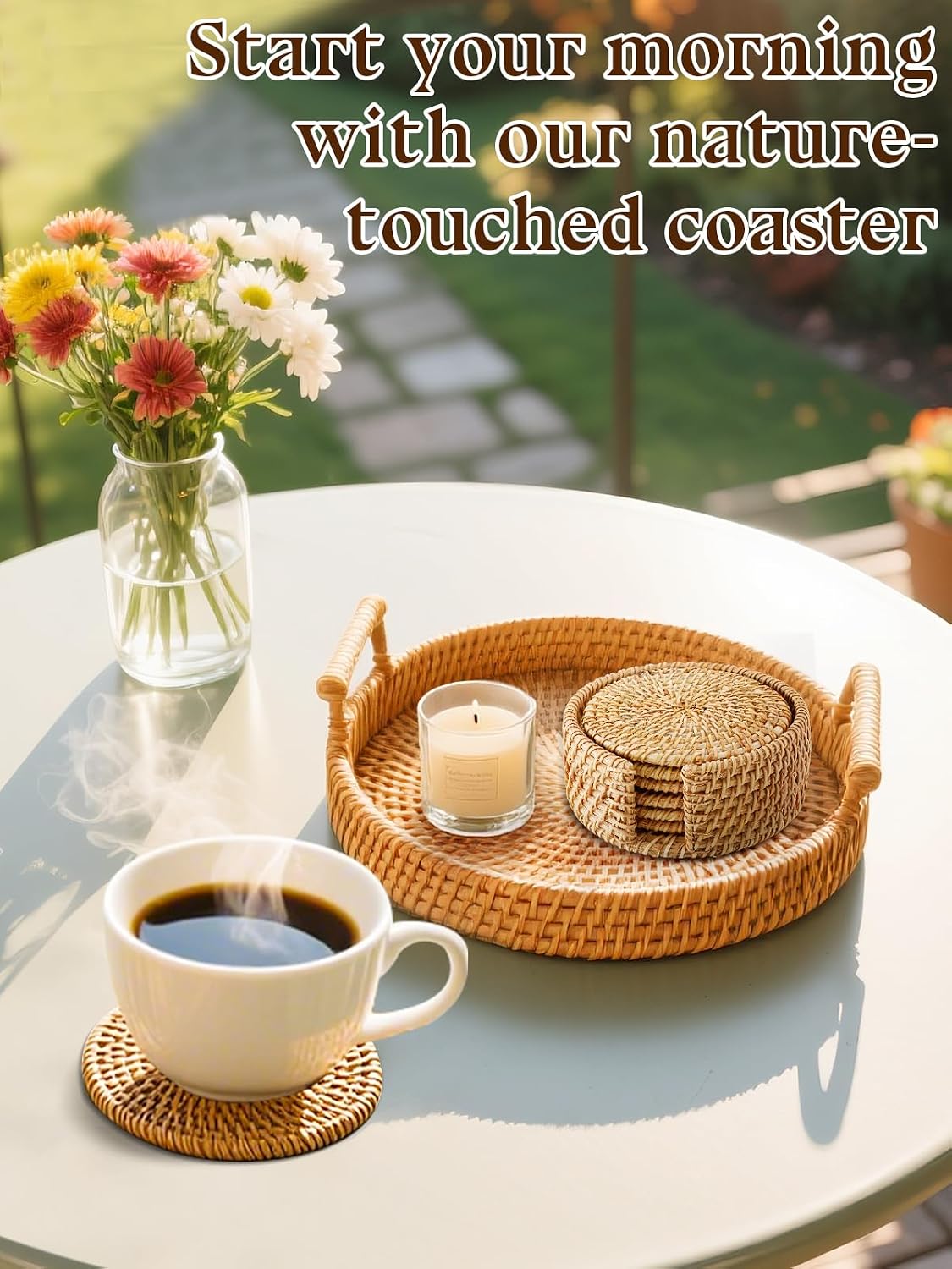 Handmade Nature Rattan Coasters Set of 6 with Holder, Fall Home Table Decor