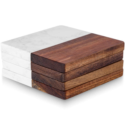 Marble Coasters: 4-piece Set of Acacia Wood Marble Coasters, Suitable for Kitchens, Offices, and can be Used as Gifts (Round White)