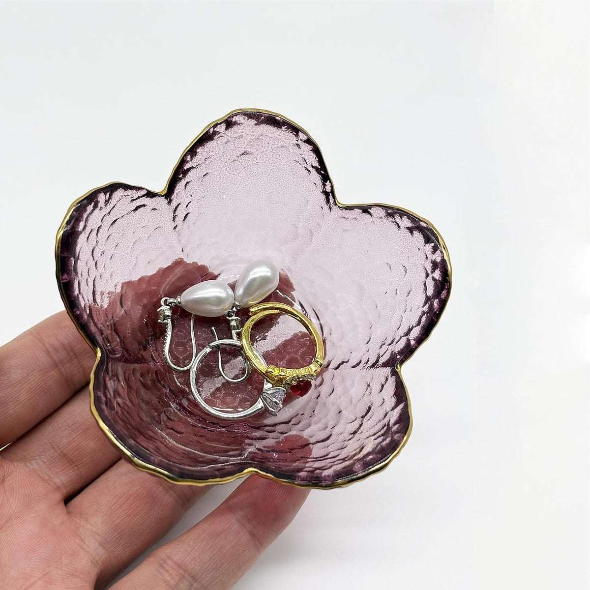 Purple Flower Ring Dish, Small Glass Jewelry Dish Tray, Ring Holder Jewlery Tray Trinket Dish, Bathroom Nightstand Decor Jewelry Bowl Christmas Friendship Birthday Gifts for Women, Soap Dish